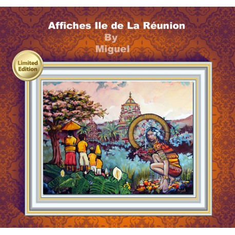 Affiche Ile de La Réunion Peinture Miguel: temple malbar de Ravine Blanche. Peinture