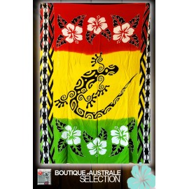 Paréo Kari La Réunion: Rouge jaune et vert, margouillat batik.